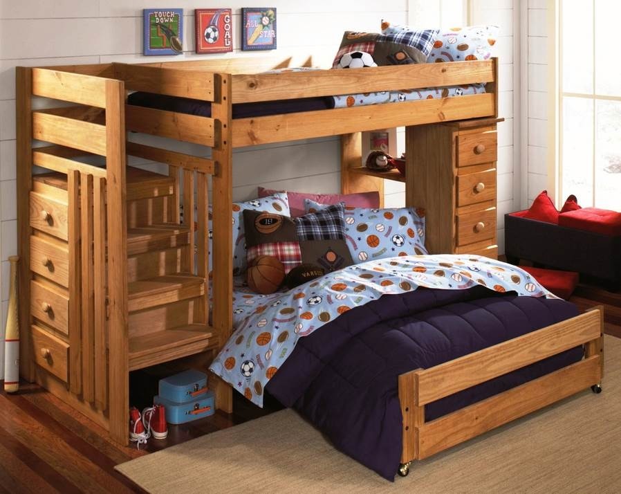 Twin over full loft staircase bunk bed in light brown