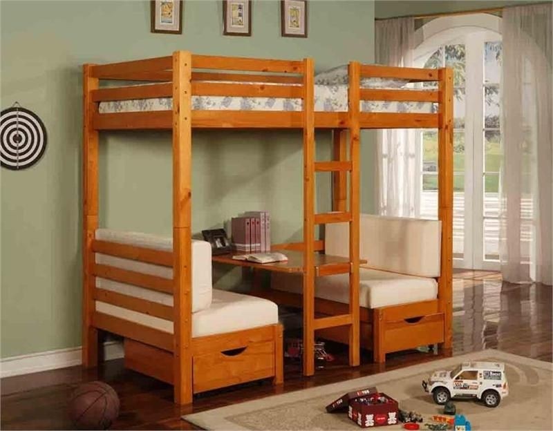 Twin over table convertible bunk bed in honey pine finish