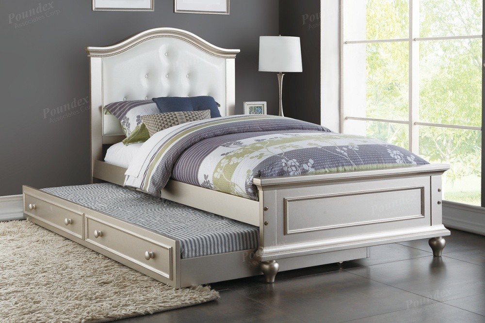 Twin platform bed with twin trundle white silver finish