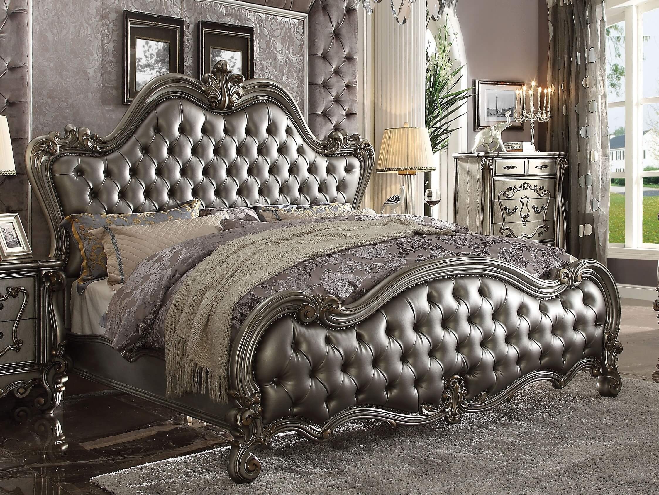 Versailles ii antique platinum leather bed acme 26840