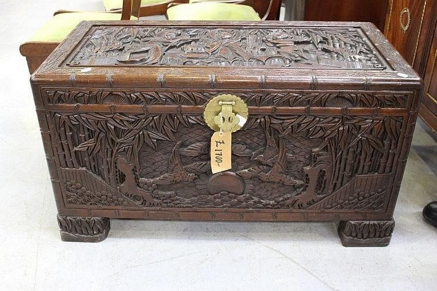 Vintage asian carved camphor trunk approx 56 cm x 101