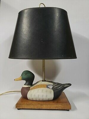 Vintage ceramic mallard duck table lamp with oak base