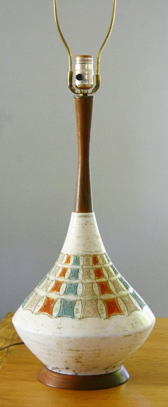 Vintage mid century lamp teak ceramic orange teal squares