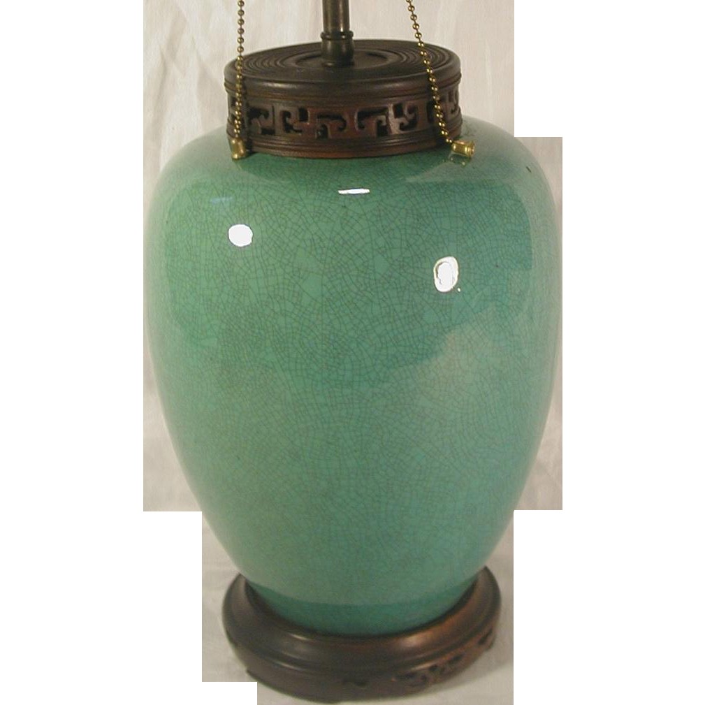 Vintage oriental green crackle glaze pottery table lamp