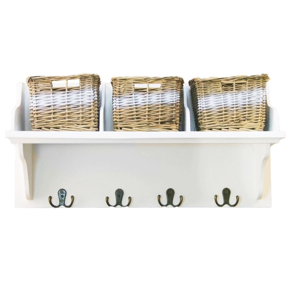 White wall mounted storage shelf wall unit with baskets
