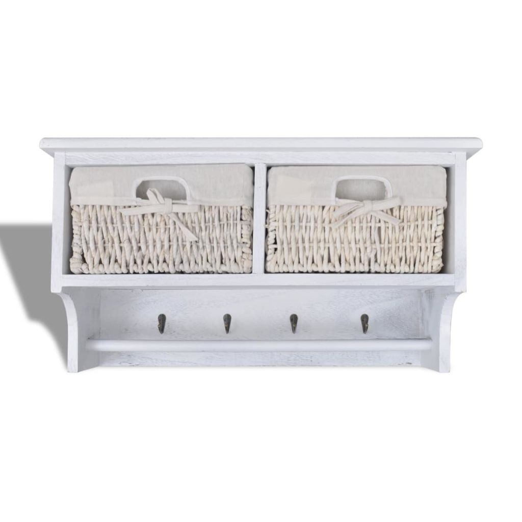 White wooden wall shelf with hangers 2 weaving baskets 4