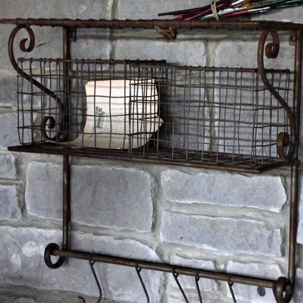 Wire basket wall shelf with hooks antique farmhouse