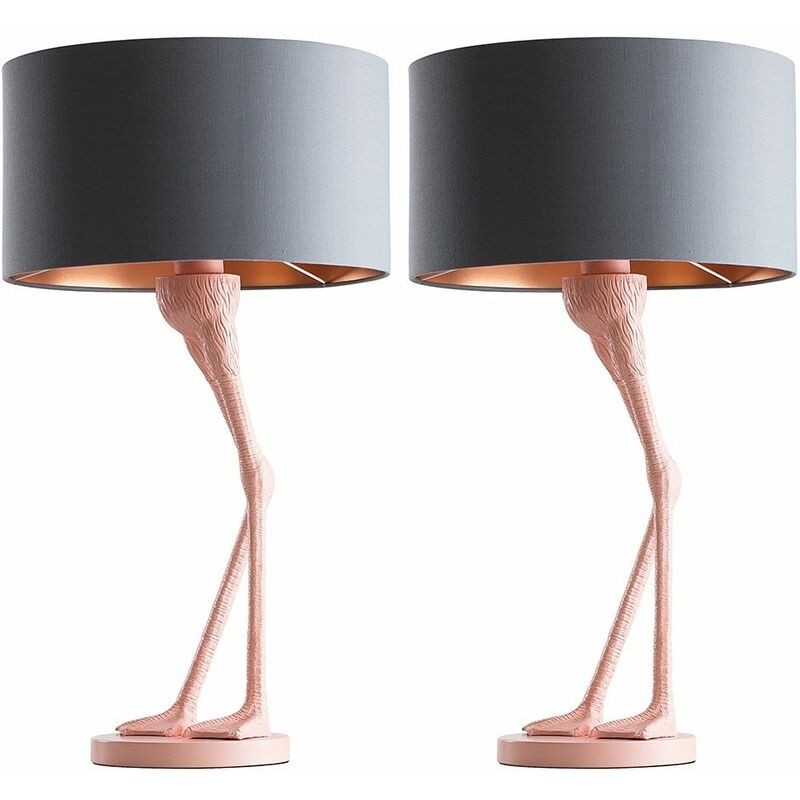 2 x matt pink flamingo leg table lamps grey copper