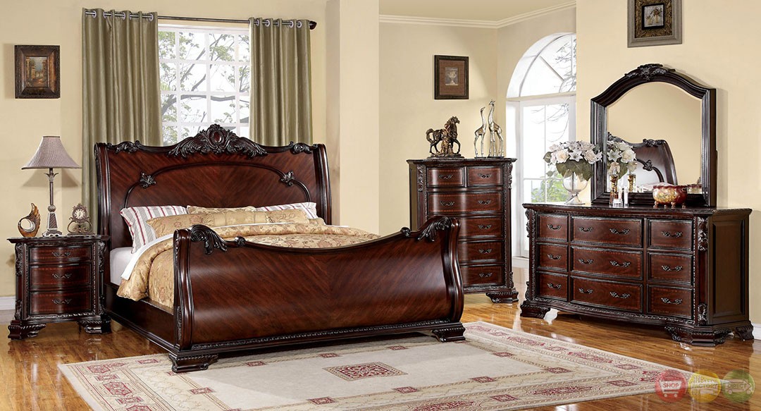 Bellefonte baroque brown cherry sleigh bedroom set with