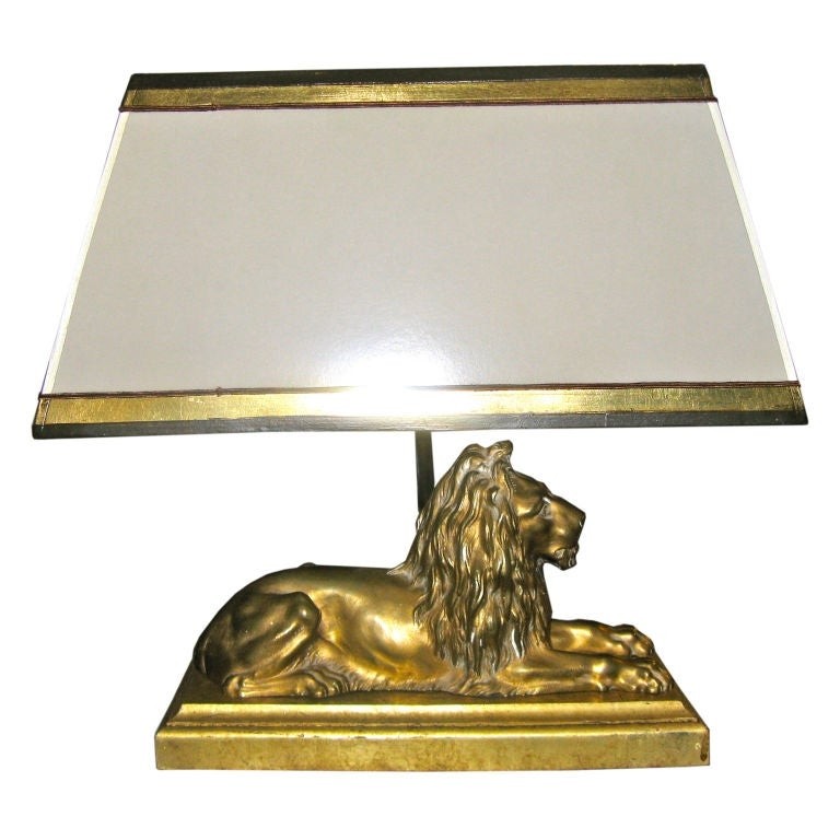 Bronze lion table desk lamp with custom shade c 1900