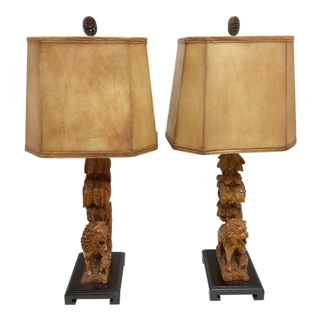 Carved wood lion table lamps a pair chairish