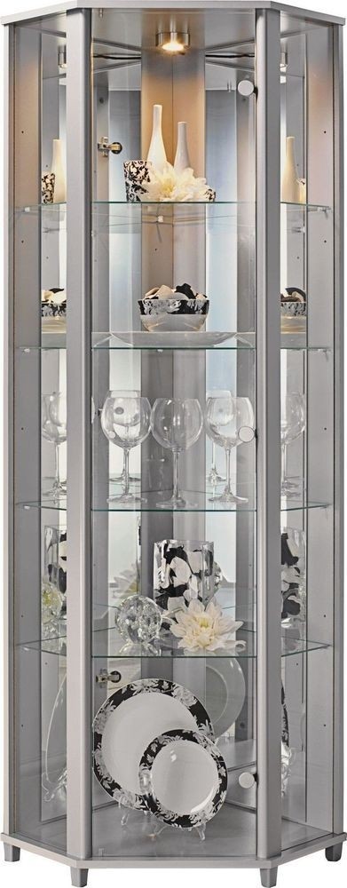 Corner glass display cabinet silver effect