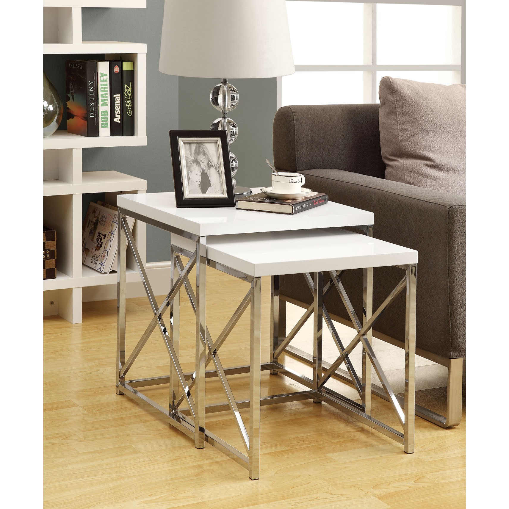 Glossy white chrome metal 2 piece nesting table set 1