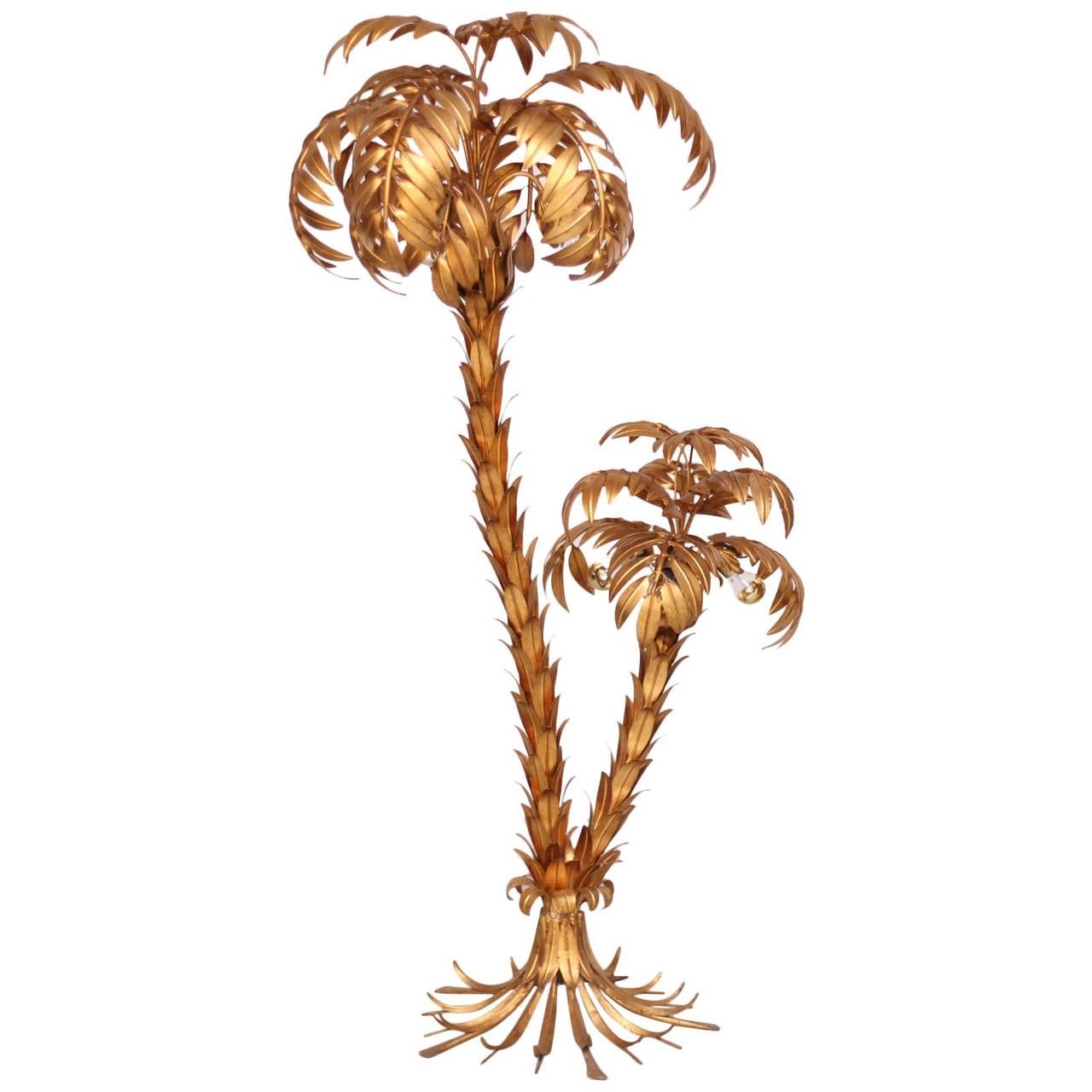 Huge gilt metal two trunk palm tree floor lamp by