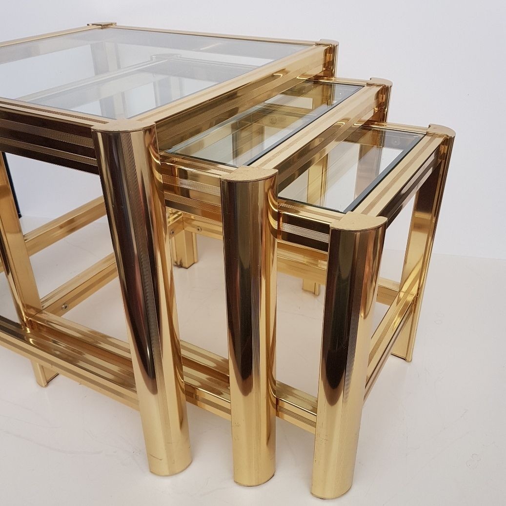 Italian gold plated nesting tables with cut glass 1980s