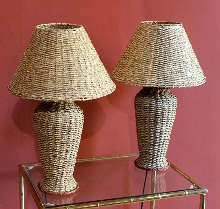 Italian mid century modern vintage woven rattan table lamp 1