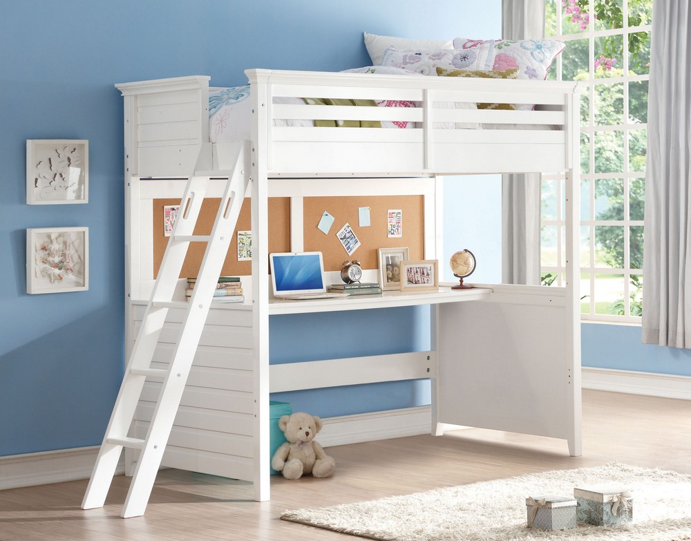 Lacey white wood twin loft bed with desk by acme