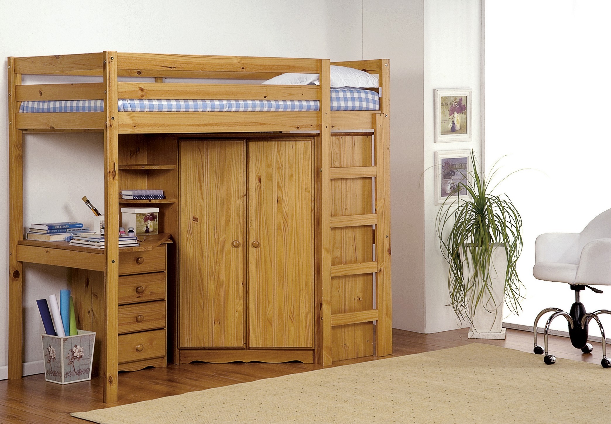 Loft bed rimini high sleeper pine set with wardrobe