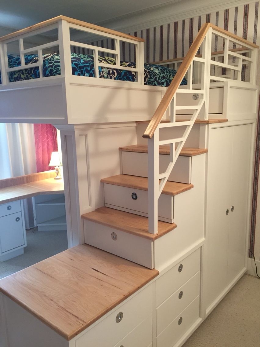 Loft bed with stairs drawers closet shelves and desk 1