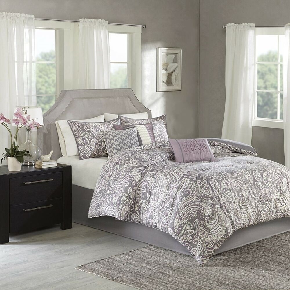 Luxury 7pc purple grey paisley print comforter set and 1
