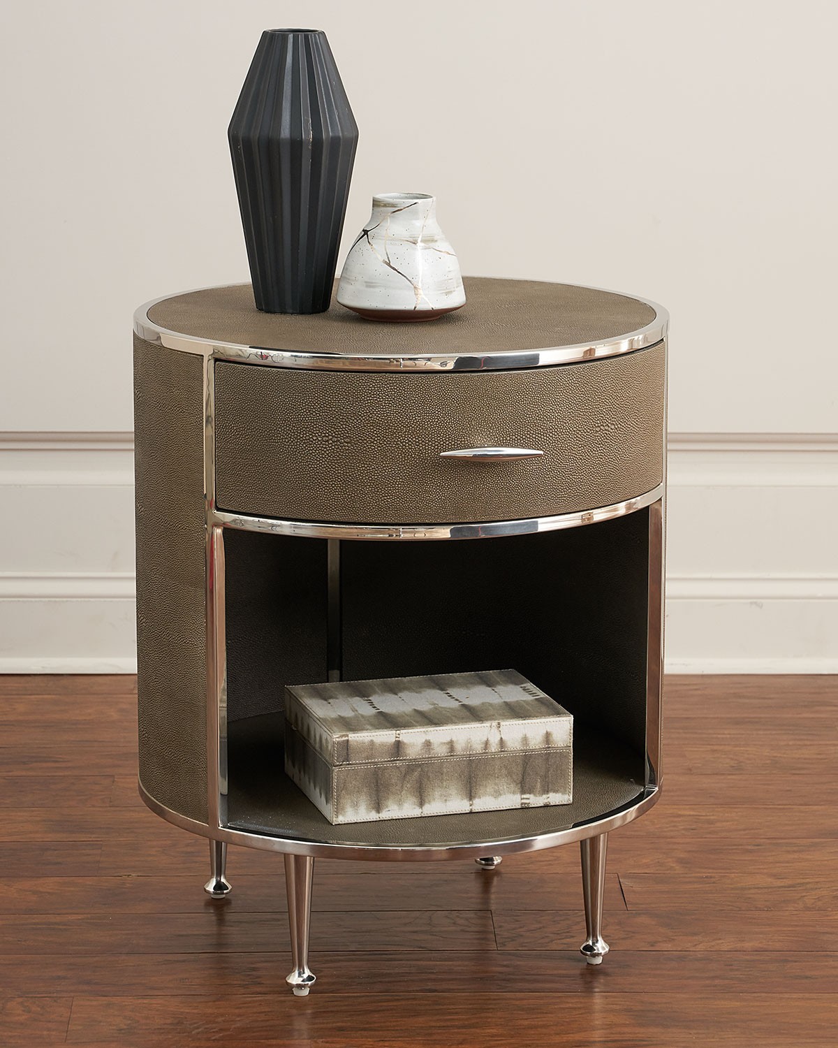 Ming faux shagreen round night stand neiman marcus