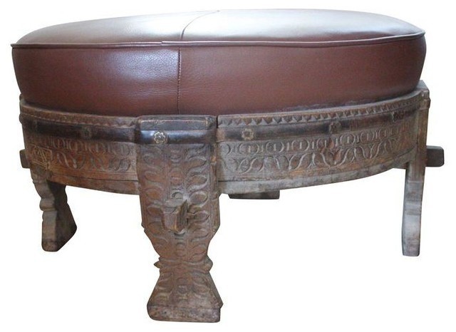 Moroccan carved tribal wood ottoman modern footstools