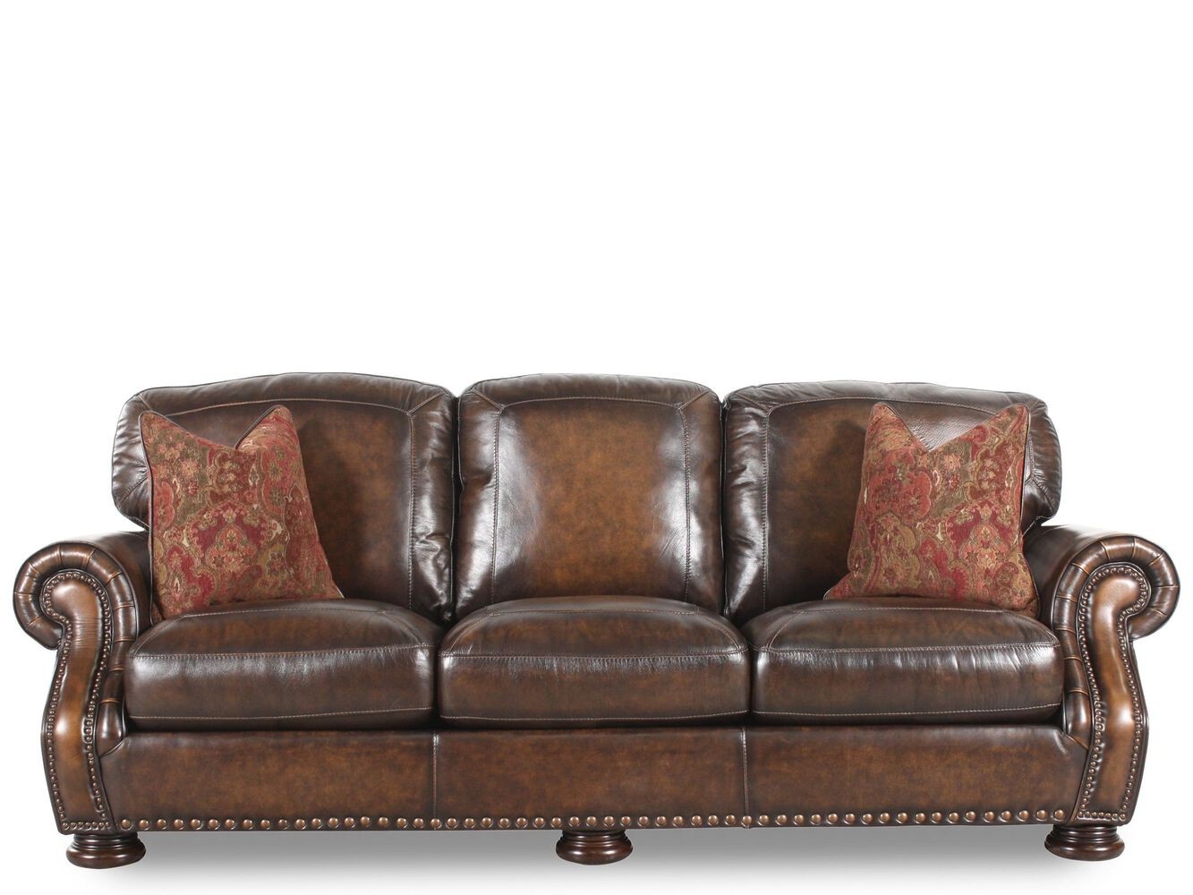 Nailhead accented leather 97 sofa in brown mathis