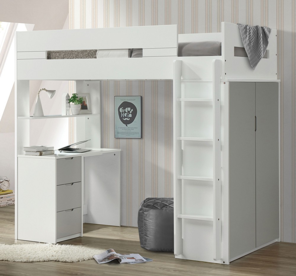 Nerice white gray wood twin loft bed with desk wardrobe