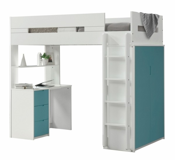 Nerice white teal wood twin loft bed with desk wardrobe