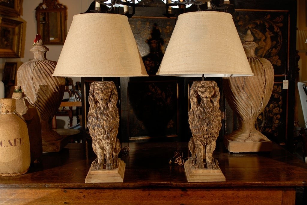 Pair of wooden carved sitting lion table lamps circa 1880