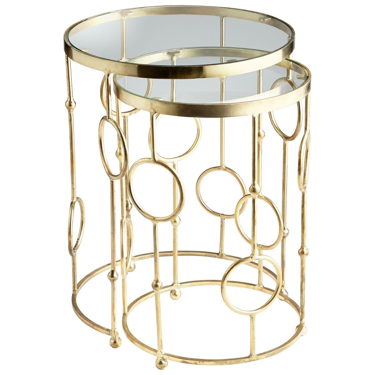 Perseus iron glass gold round nesting tables set of 2