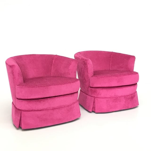 Pink mod barrel back swivel chairs pair chairish