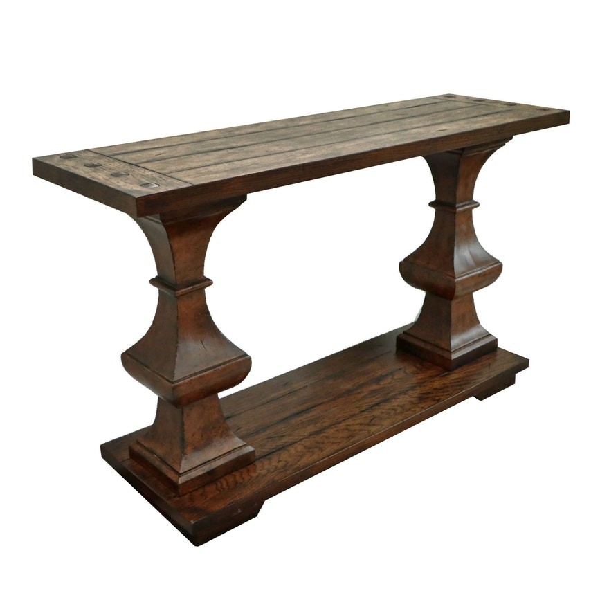 Planked wood style double pedestal console table ebth
