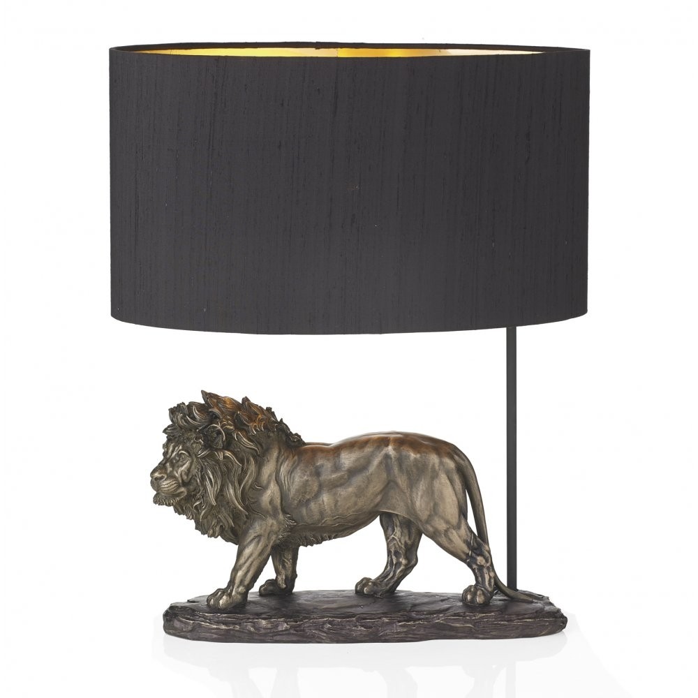 Royal lion table lamp in bronze with black gold silk