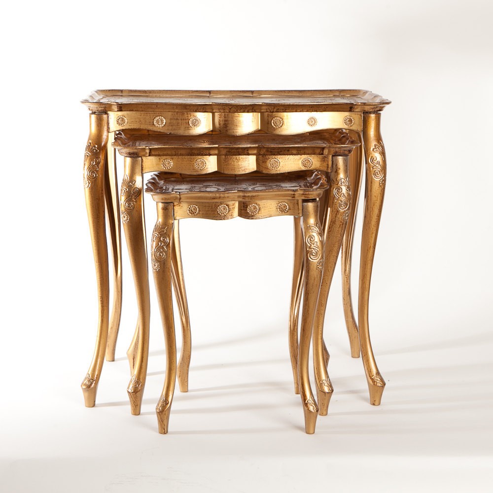 Set of 3 italian florentine gold toile nesting tables