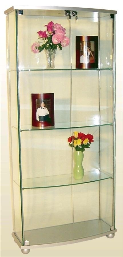 Silver painted curio cabinet with glass shelves painted