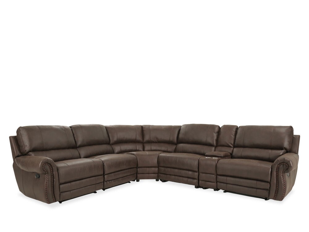 Six piece nailhead accented leather sectional in brown