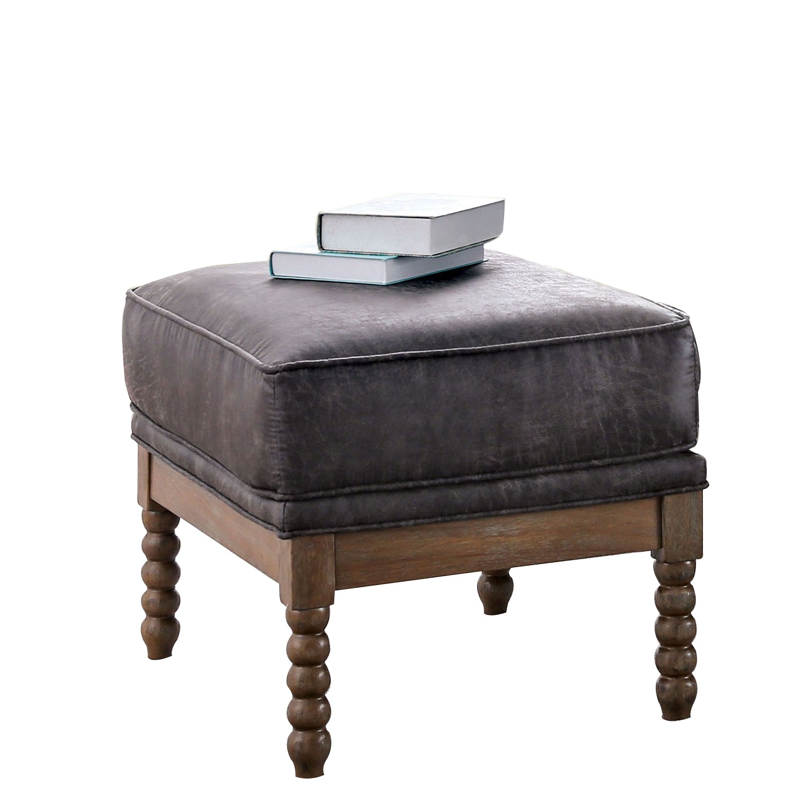 Traditional leatherette wooden ottoman with beaded legs