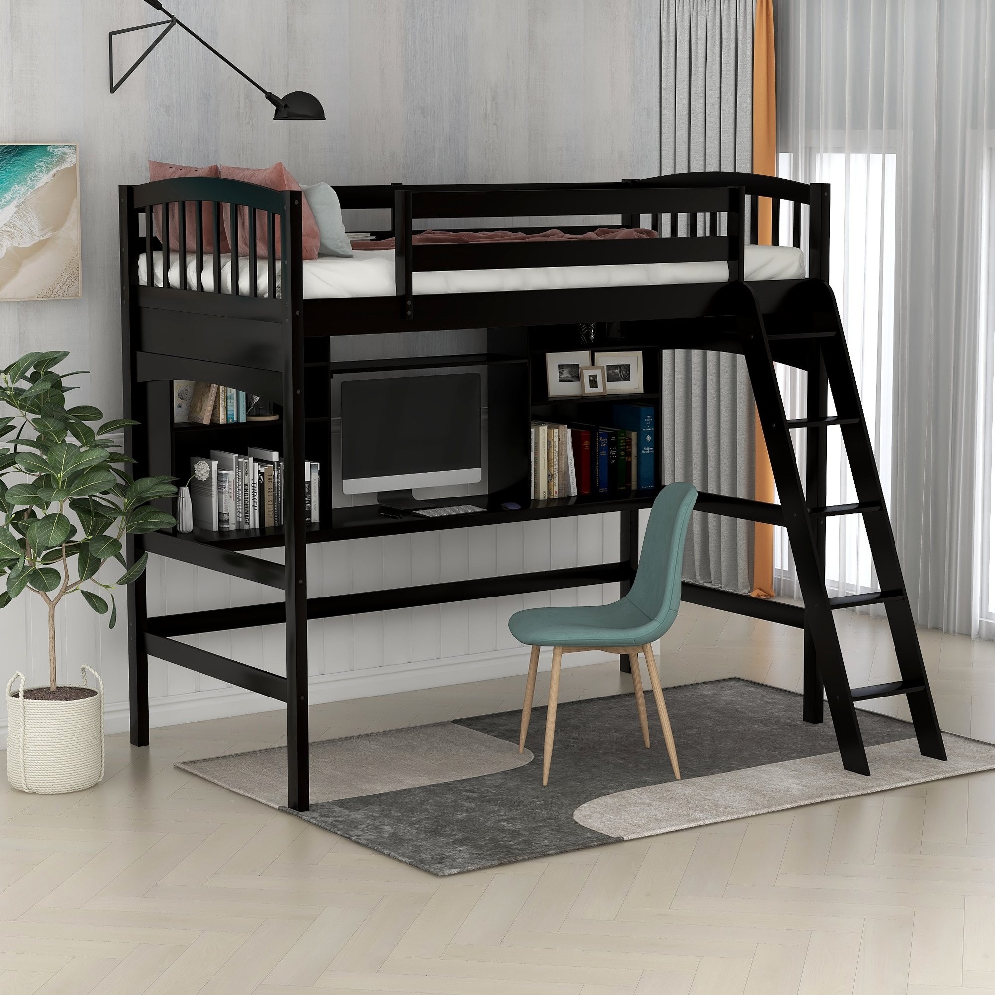Twin size loft bed with storage shelves desk and ladder