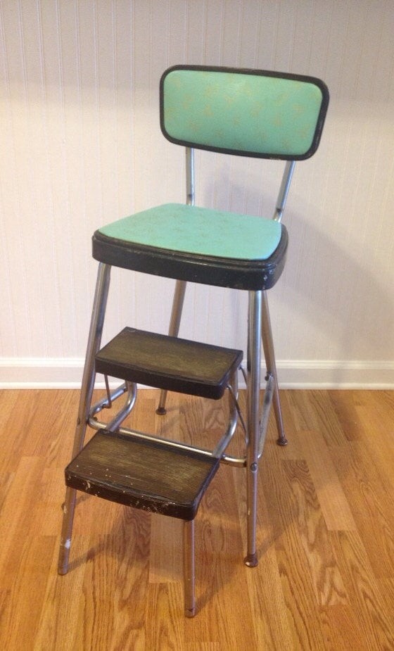 Vintage mid century retro kitchen stool turquoise and black