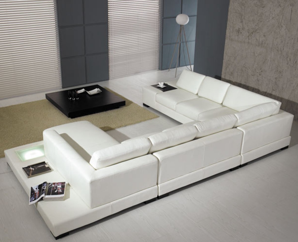 White modern leather sectional sofa with light