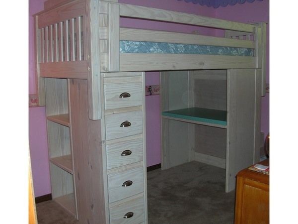 White solid wood mission loft bed with desk and storage