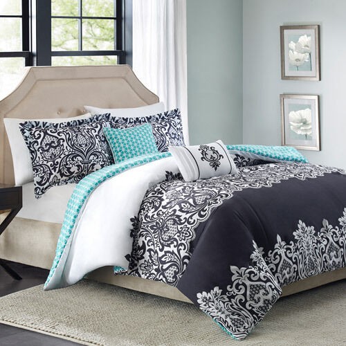 5pc bedding comforter set reversible black white blue