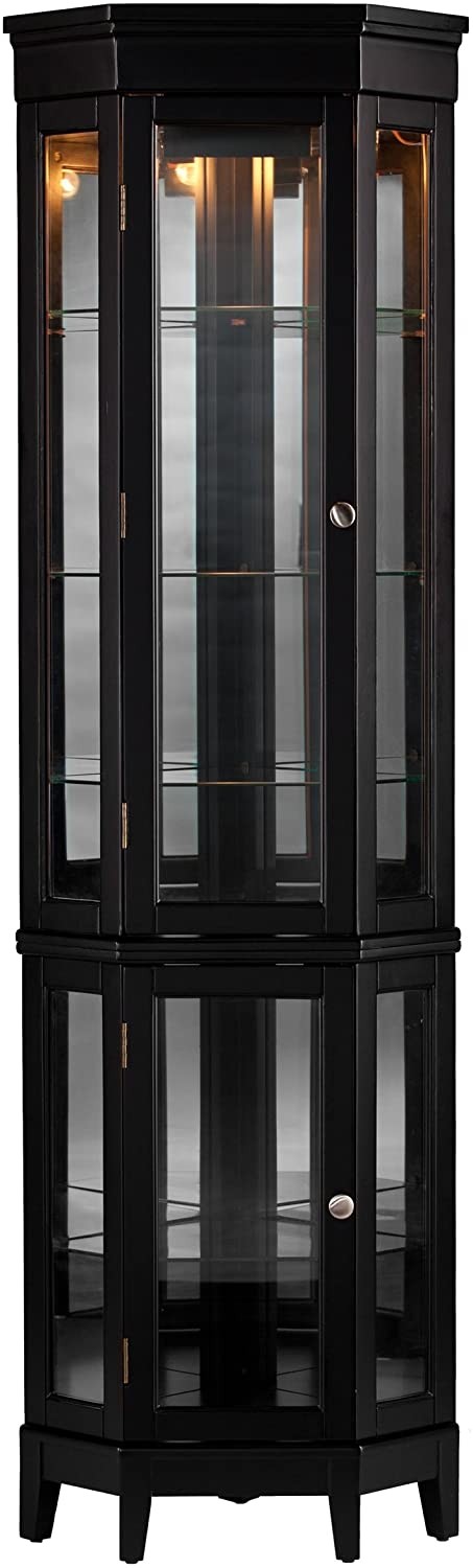 Black lighted glass shelves doors corner curio cabinet