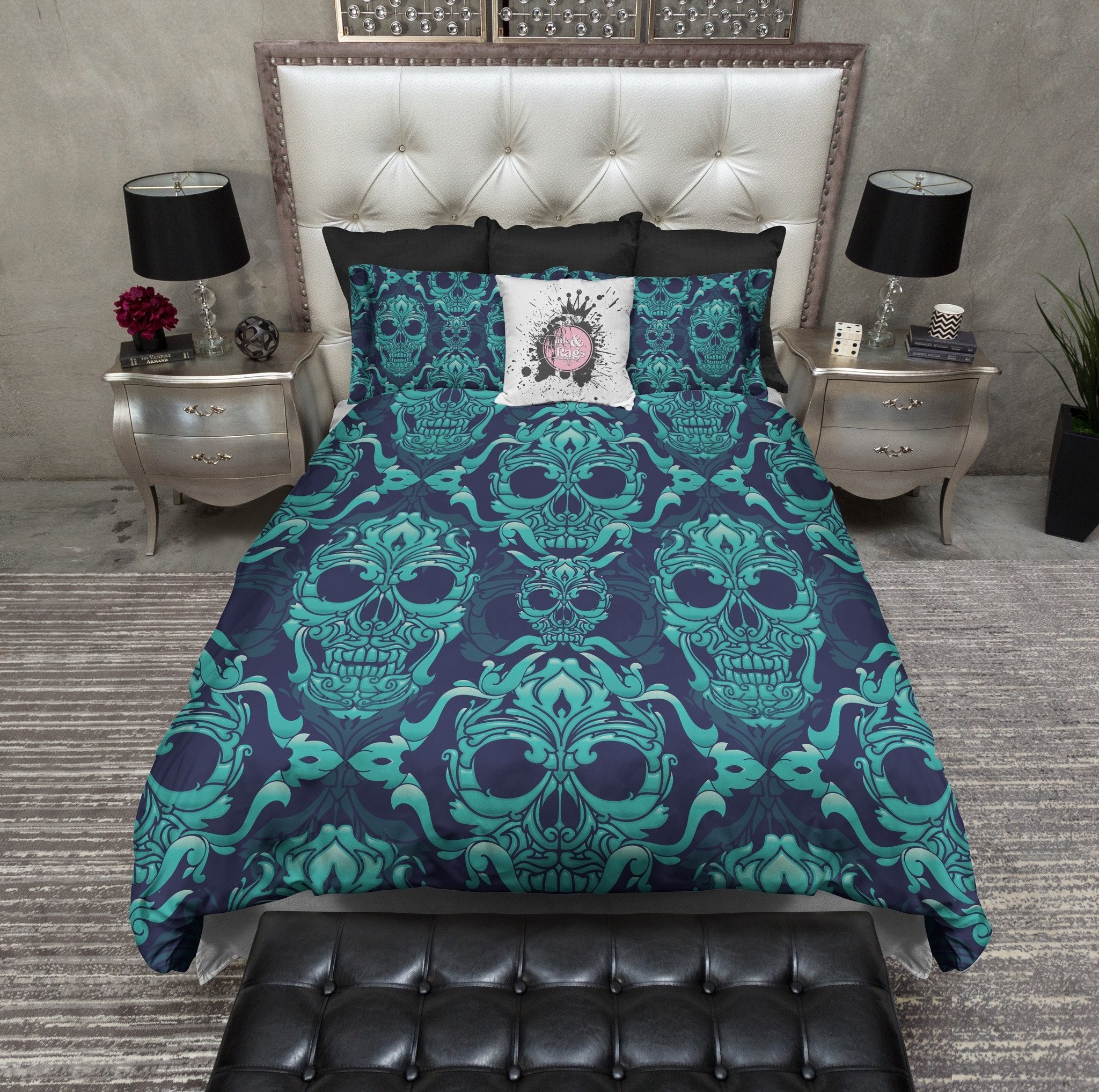 Blue and teal damask skull bedding ink and rags