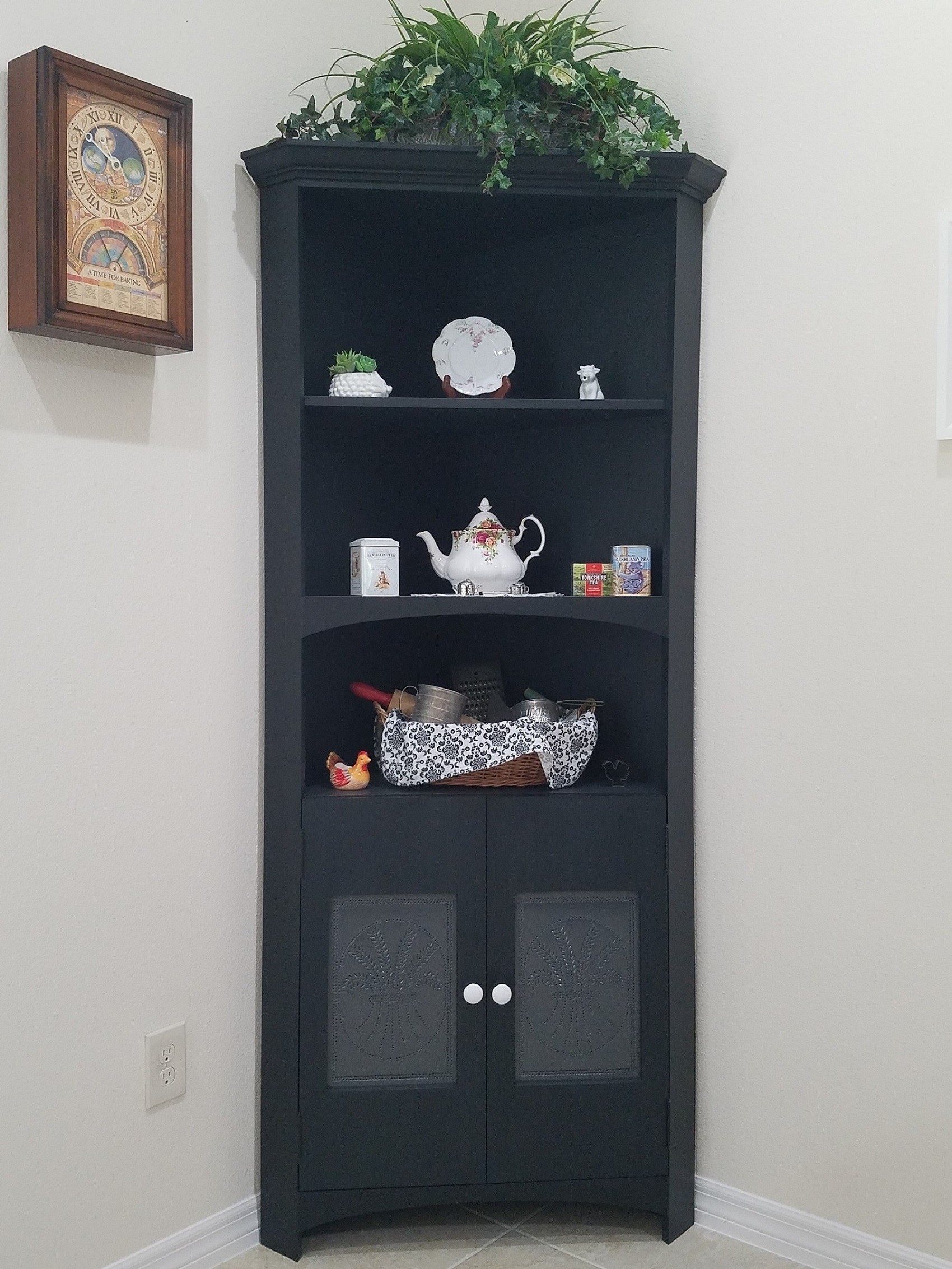 Custom corner cabinet in lamp black general finishes