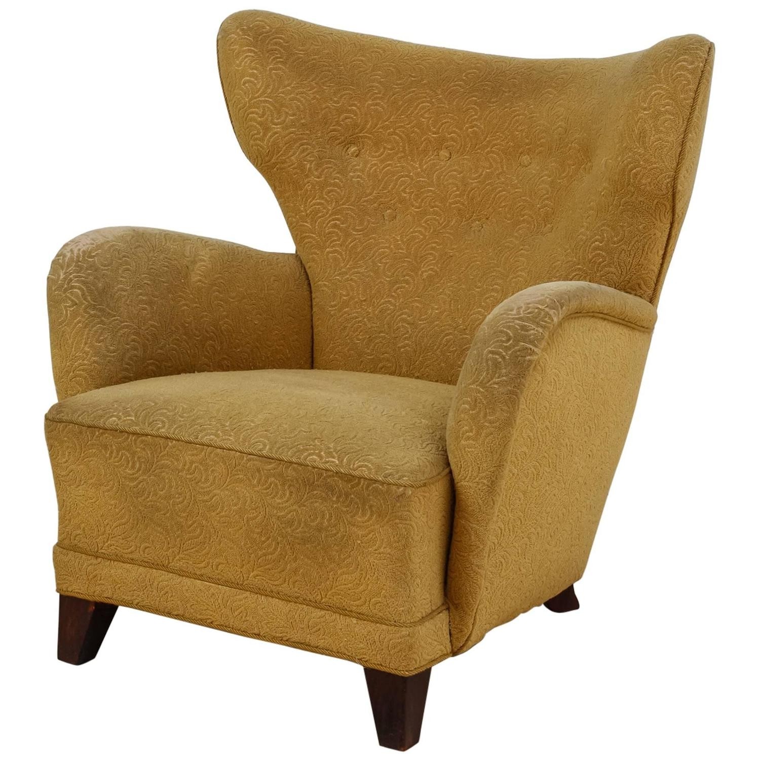 Danish wingback lounge chair with yellow upholstery 1940s