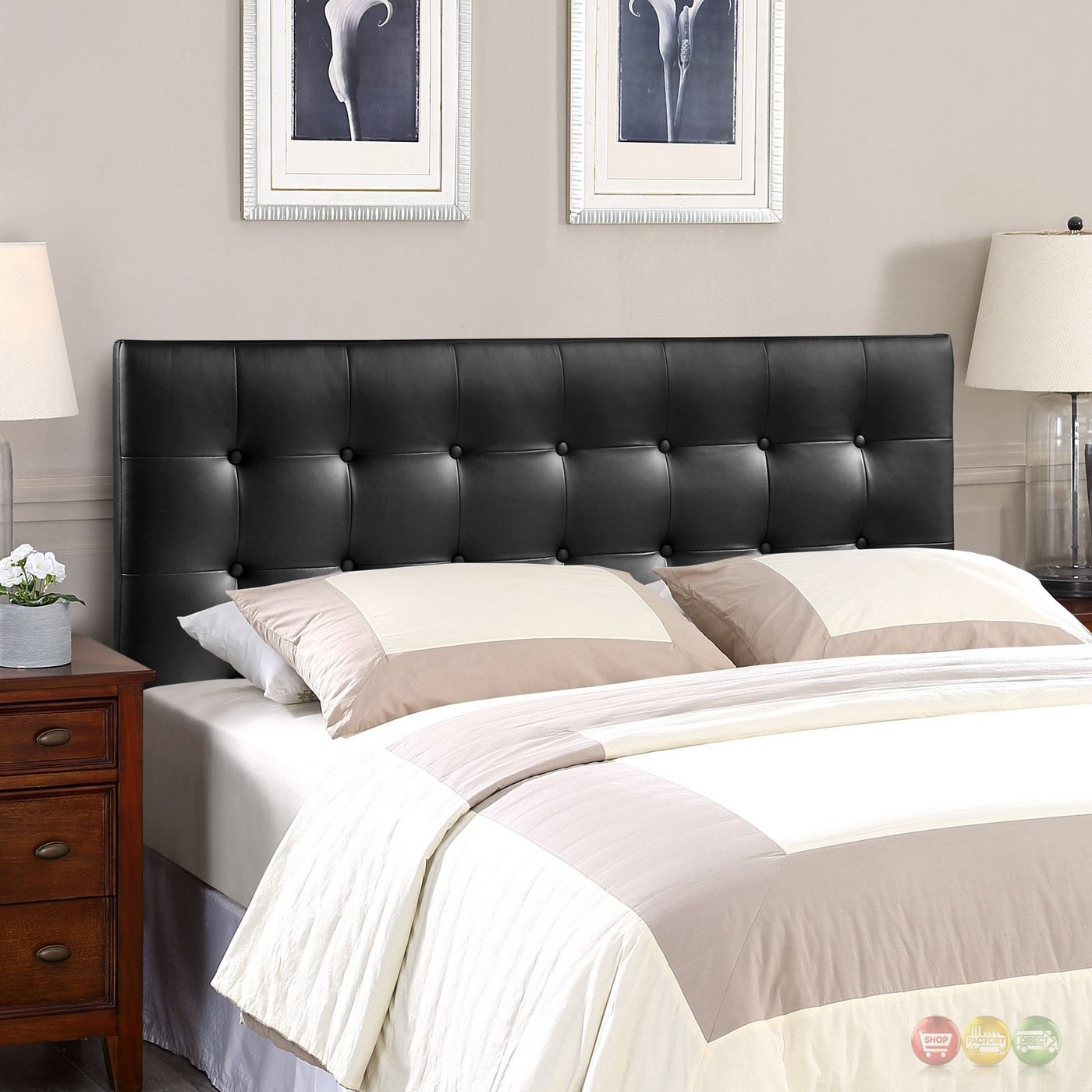 Emily modern button tufted faux leather full headboard black