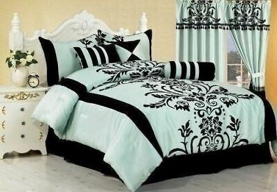 Full queen cal king bed black aqua blue floral damask