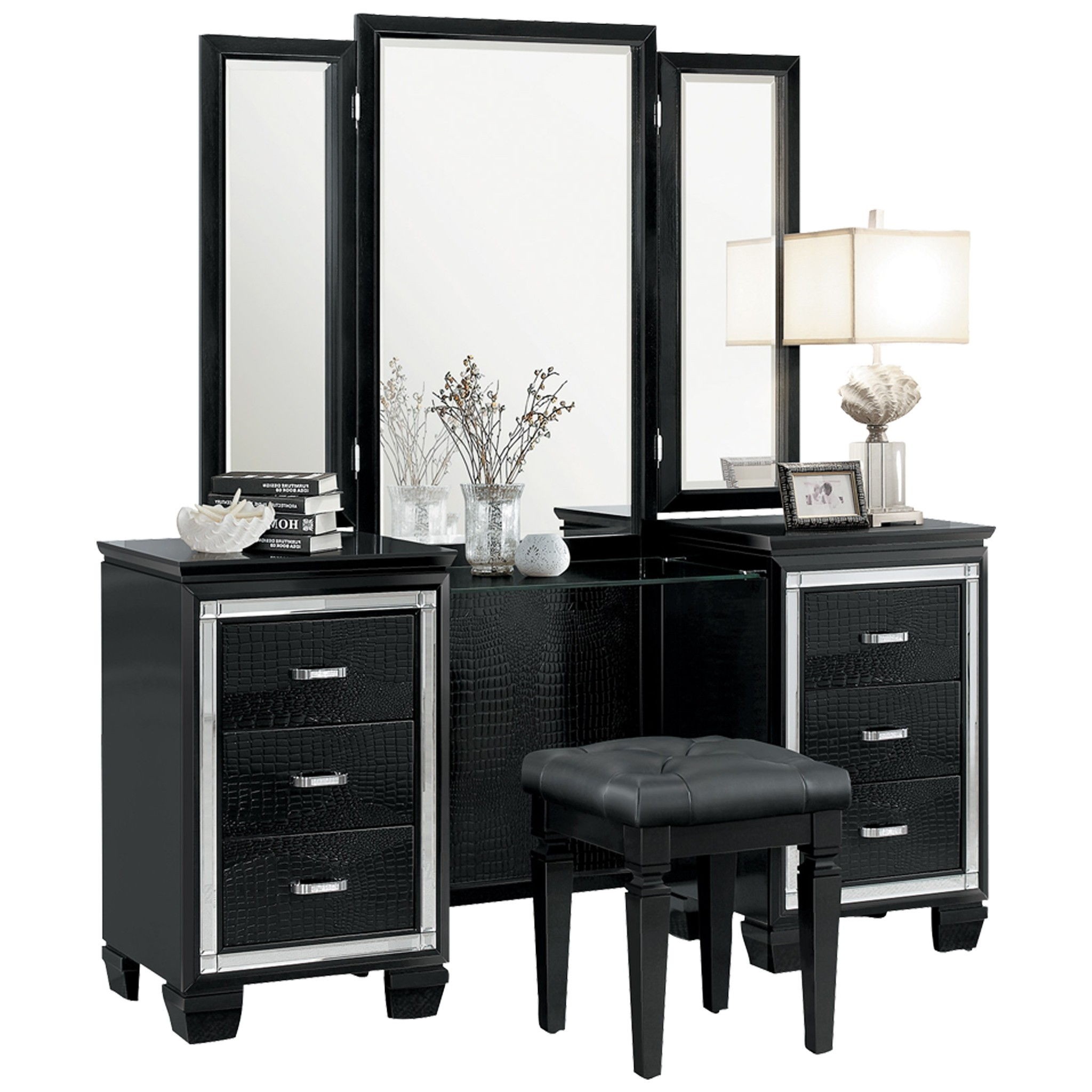 Home elegance allura black vanity desk and tri fold mirror